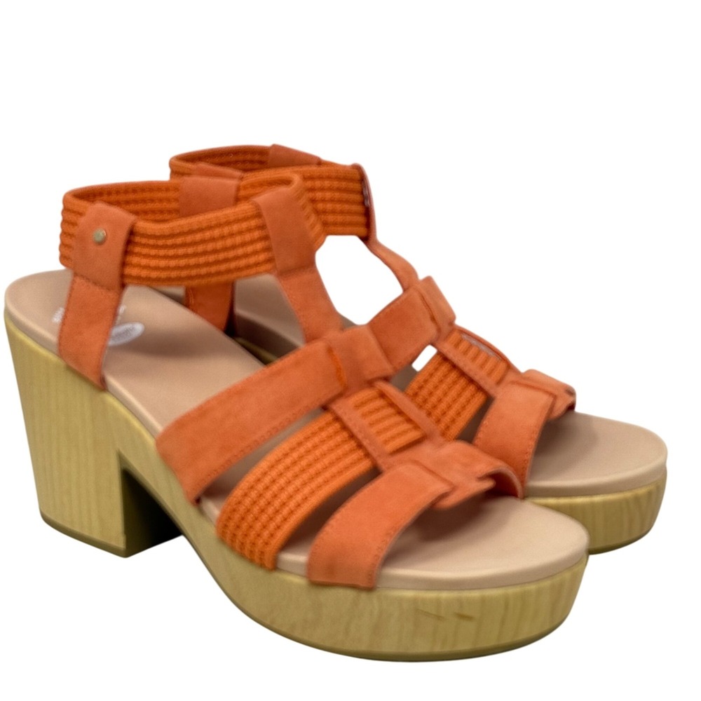 Dr. Scholls Blossom Orange Strappy Sandal Faux Wood‎ Block Heel Womens Size 10M